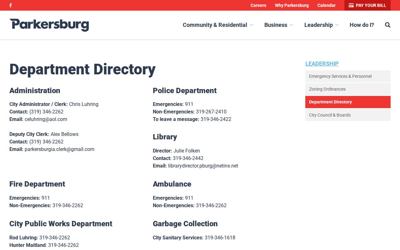 Parkersburg police and city clerk contact directory