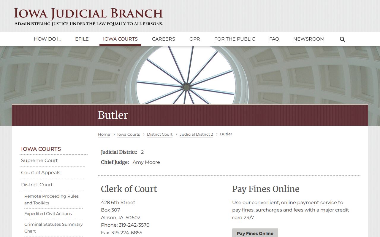 Butler County warrant records contact on the official Iowa court page